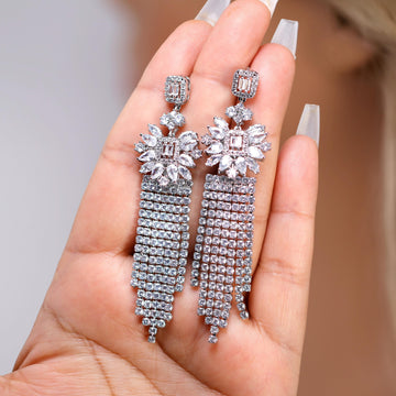 CZ Dainty Celestial Rain Diamond Tassel Drop Crystal, Diamond Leaves Earrings, Long Bridal Jewelry, Bridal Earrings, Crystal Bridal Earrings